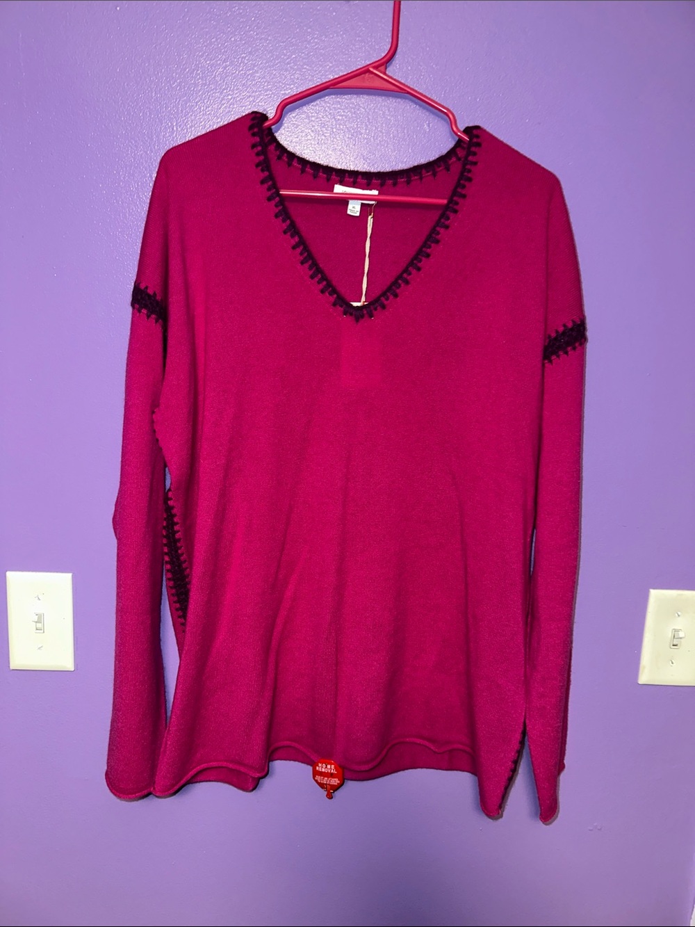 Johnny Was Magenta V-Neck Long Sleeve Top with Black Trim
